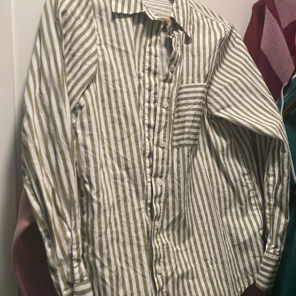 Primark Olive Green and White Striped Button-Down Shirt - Size XS